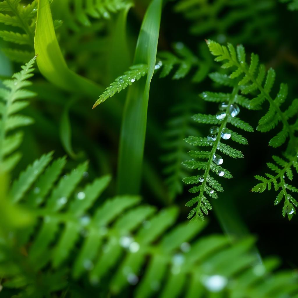 Dewy ferns in soft morning light