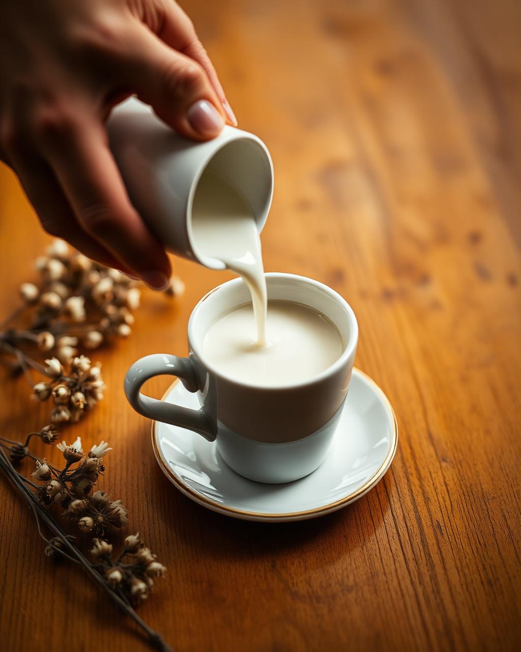 Pouring milk into a ceramic cup