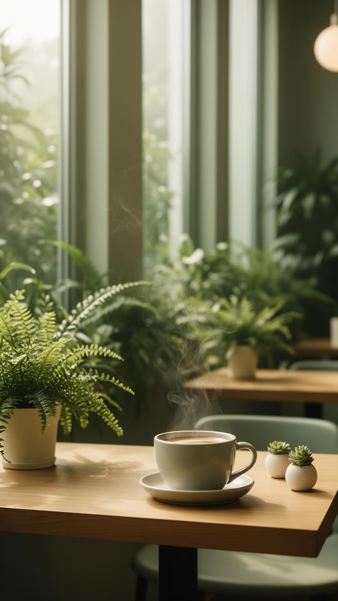 Sunlit café table with steaming coffee surrounded by ferns